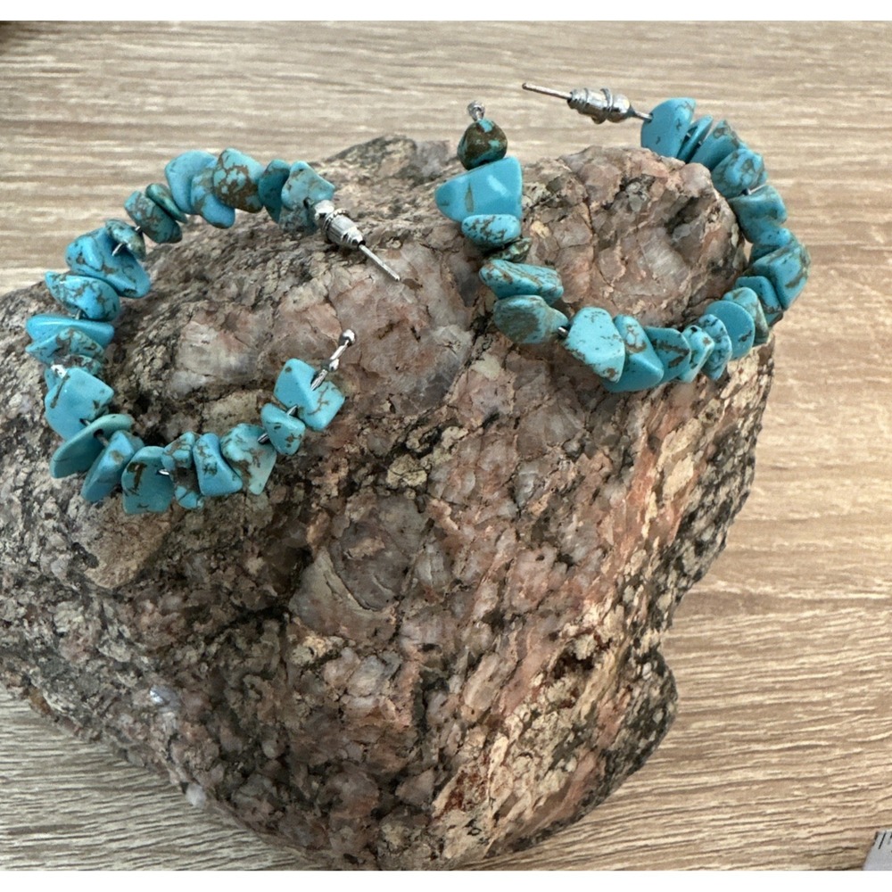 Vintage‎ Turquoise C-Hoop Earrings Handmade Trendy Native Southwestern Blue Faux